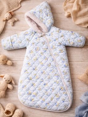 Vintage 80s Bunny Print Quilted Baby Bunting Sleep Sack Hooded Pastel Blue